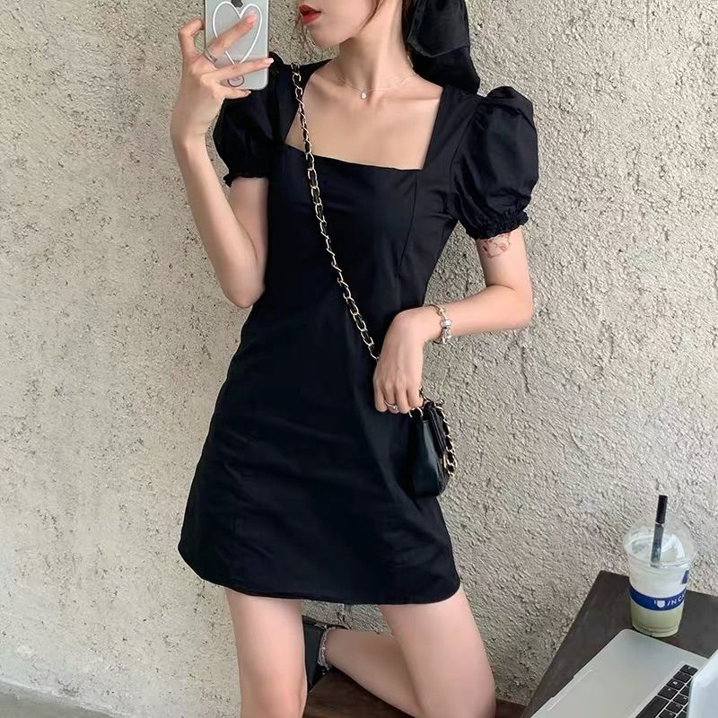French Retro Hepburn Style Little Black Dress 2023 Summer Fang Neck Qi Waist Slim Puff Sleeve Black Dress Female