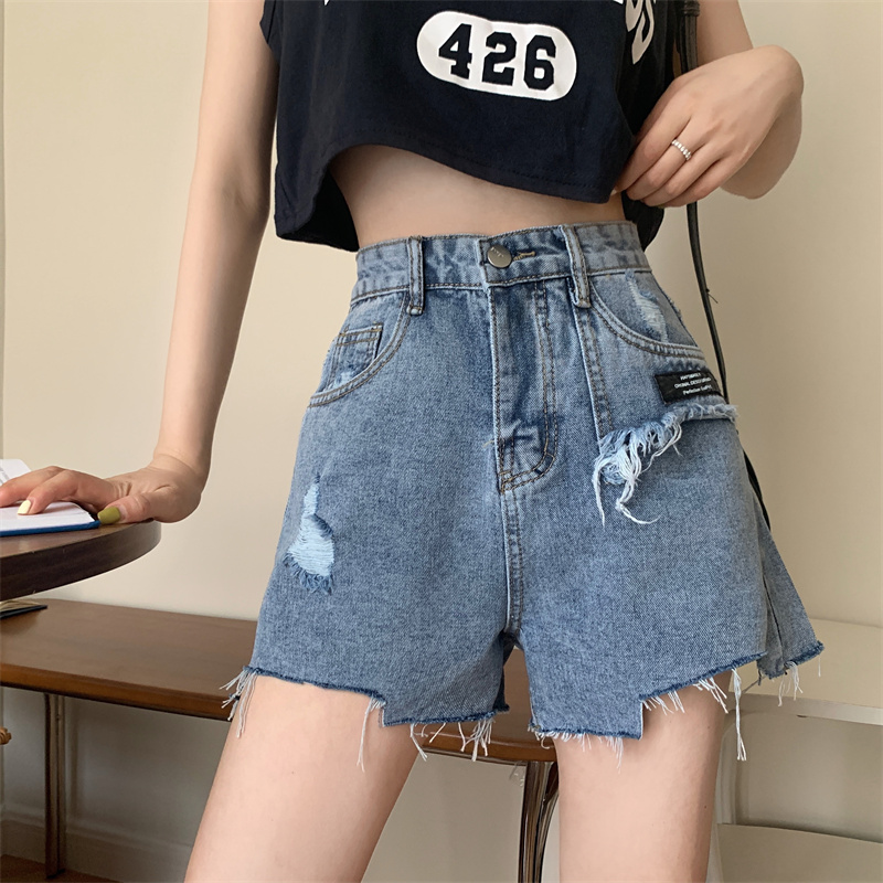 Real shooting Cowboy SHORTS women's new summer perforated wide leg pants ins high waist a-word hot girls' hot pants