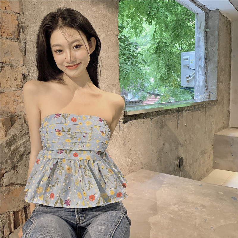 Pure desire wind blue floral fluffy camisole women's summer design high-level sense of minority wear milk sweet tube top top