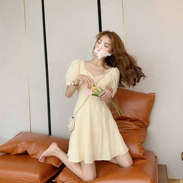 French Platycodon grandiflorum first love sweet little girl Xinji skirt bubble sleeve backless 2021 new dress women's summer dress