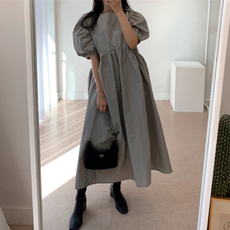 Korean chic irregular waistline gas gray retro puff sleeve loose dress