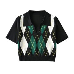 American retro rhombic knitwear Polo neck Pullover T-shirt slim short top