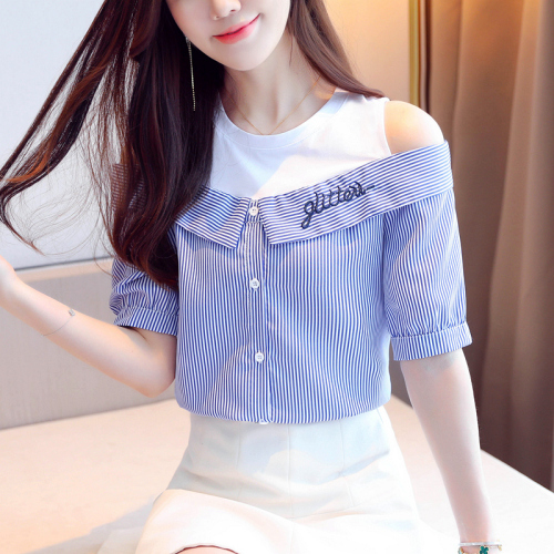 Actual photo of new summer shirt women's short sleeve Korean loose off shoulder fake two student embroidered chiffon shirt