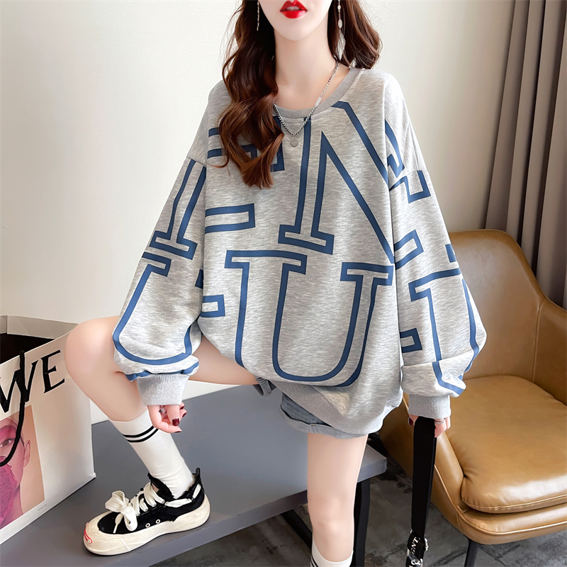 Real shot Autumn dress back bag collar twill Korean version round neck letter printing loose large size women's thin sweater women