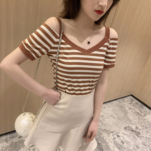 New Korean style off shoulder Halter stripe slim knit shirt