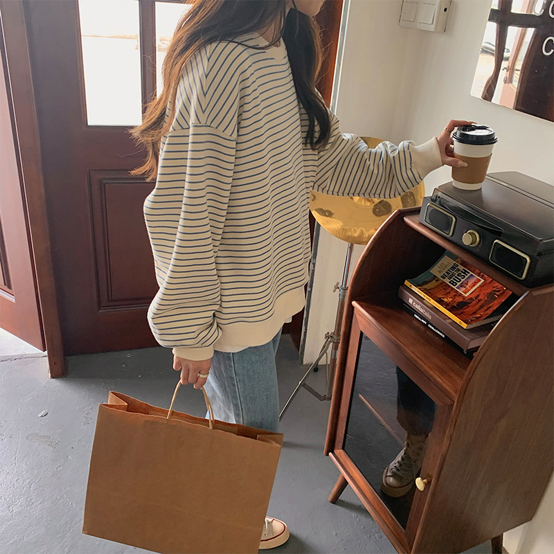 Thin sweater women's early autumn Korean style loose striped top round neck pullover long sleeves