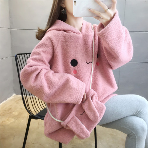 Real shot of 2020 winter wear Korean fashion Plush thickened hooded cartoon embroidery lamb cashmere large women's sweater