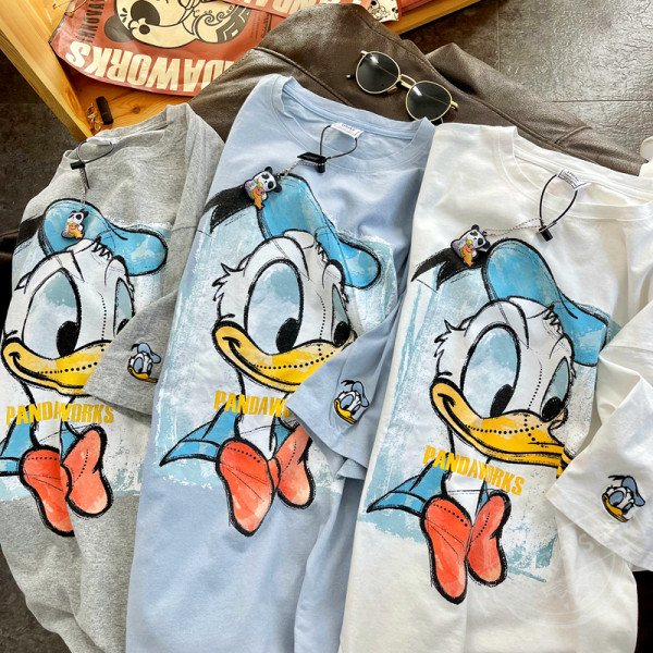 Pandawork loose, stylish, super comfortable, brushed, thickened, velvet, Donald Duck print, short-sleeved T-shirt, king fried