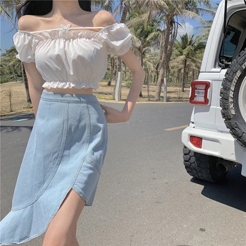 2023 summer style sweet wind butterfly patch short-sleeved wood ear T-shirt female western style all-match pleated small shirt