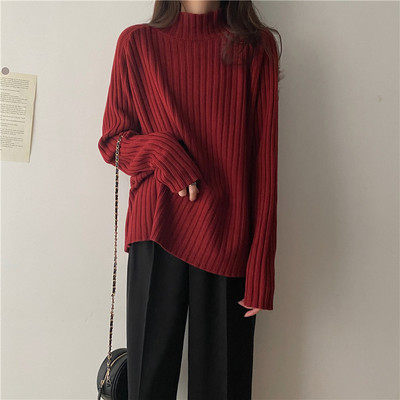 Coffee-colored sweater  new women's mid-length loose lazy wind spring and autumn half-high collar knitted top bottoming shirt