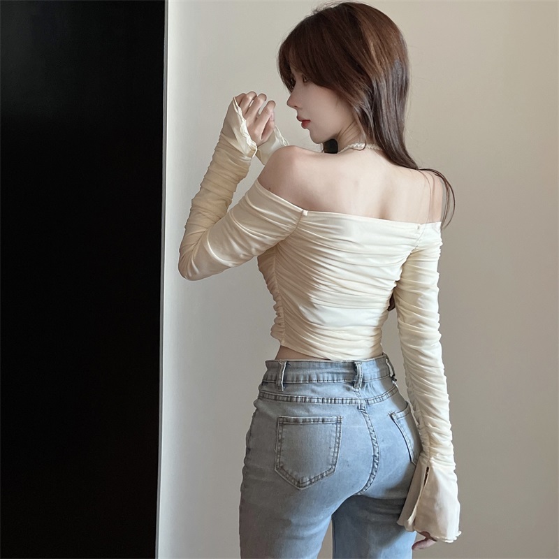 Real shot and real price ~ French one-shoulder off-shoulder pleated mesh long-sleeved T-shirt short slim fit top for women ins