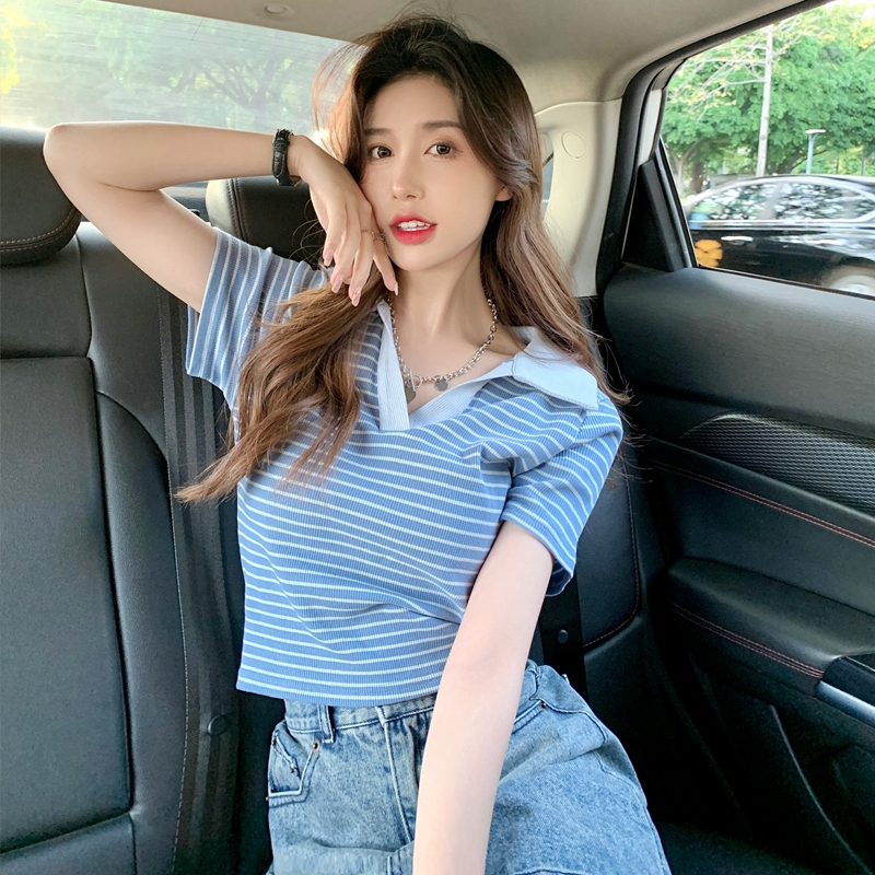 High elastic ribbed 90% polyester 10% spandex V-neck striped short-sleeved T-shirt for women 2023