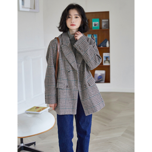 Real shot of Japanese retro Plaid woolen coat women's suit double breasted casual antique coat autumn and winter