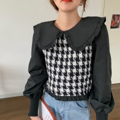 Real price autumn and winter Korean version of French retro temperament new design sense stitching thousand bird lattice fake two pieces of baby collar shirt