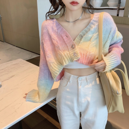 Korean new knitted sweater women's loose outer wear small rainbow short soft waxy lazy cardigan women's coat
