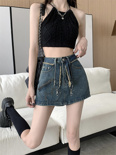 Real shot hot girl miniskirt American style anti-light package hip skirt pants women summer retro a-line denim skirt spring and autumn