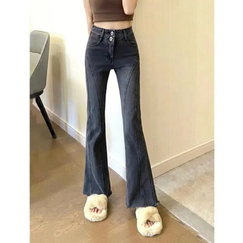 Design Slight Flare Jeans Women's Elastic Retro High Waist Slim Fit Floor Mopping Pants