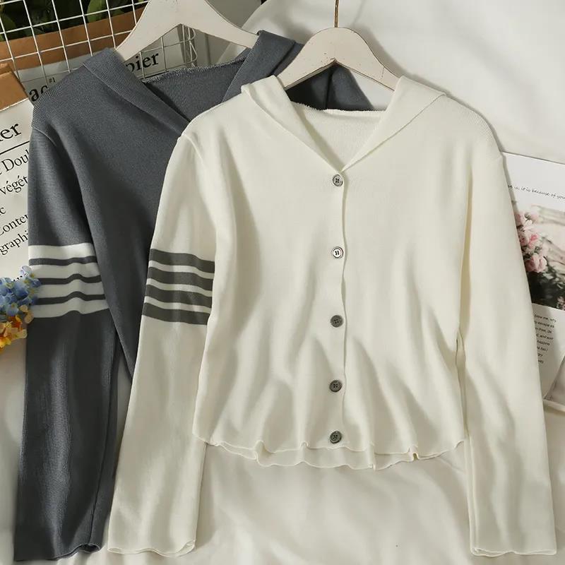 Official picture new striped single breasted hooded cardigan top autumn decoration thin short long sleeved sweater