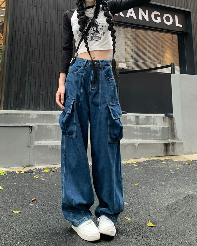 Real shooting real price High waist slim denim trousers women's washed all-match loose wide-leg straight work pants ins tide