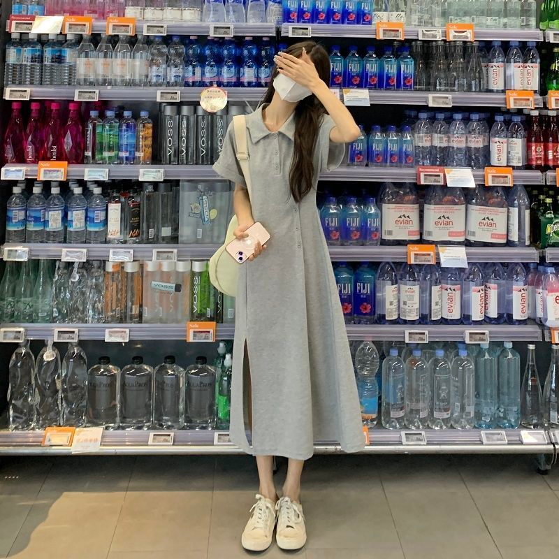 Polo neck split dress women's summer 2022 new waist is thin, medium and long, cool style short sleeve A-line skirt