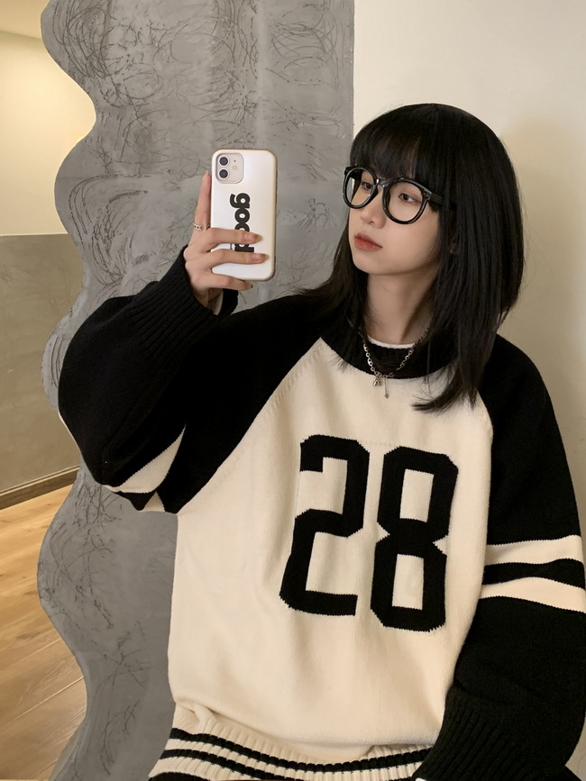 Ayi 820g digital sweater college style lazy sweater women's early spring new loose outer wear knitted sweater top