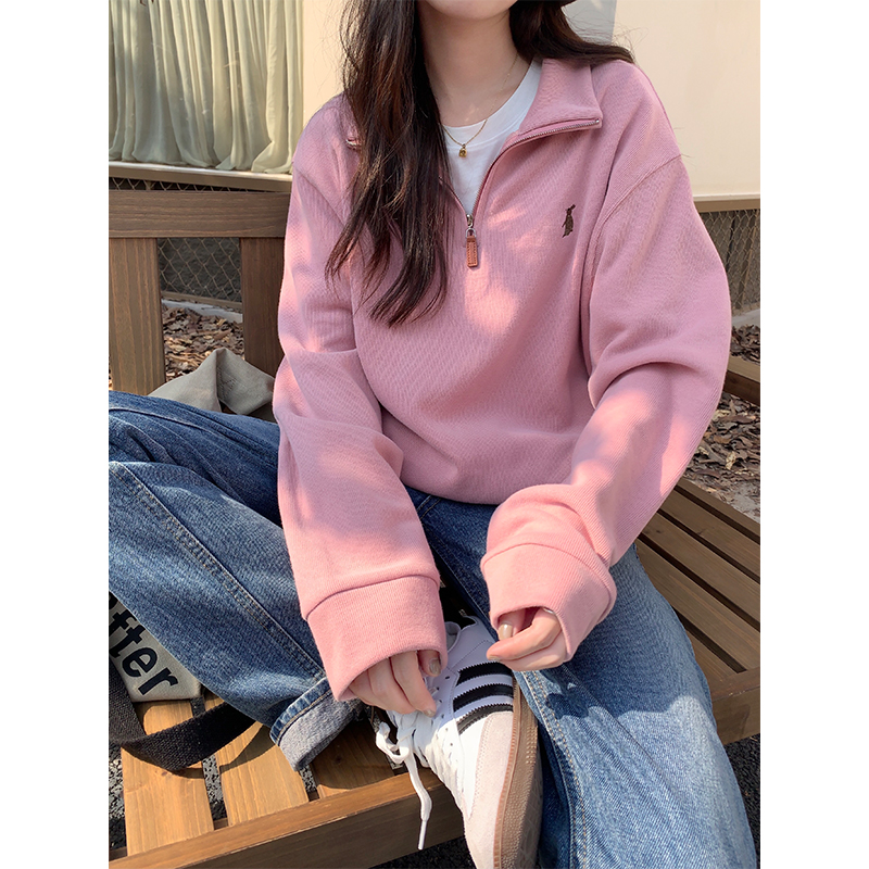 Real shot early autumn layered design embroidered niche loose half zipper lapel sweater coat women's long-sleeved top