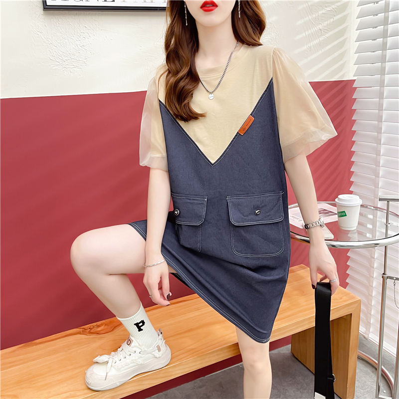 Real shooting of summer denim loose foreign style aging medium and long size women's wear short sleeved denim T-shirt dress women