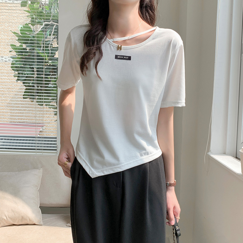 Real photo pure cotton short sleeve T-shirt women's summer 2022 small short design irregular top ins fashion
