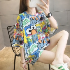 Real shot net red super hot CEC short sleeve mm spring summer mid long T-shirt women's Korean loose cartoon top trend