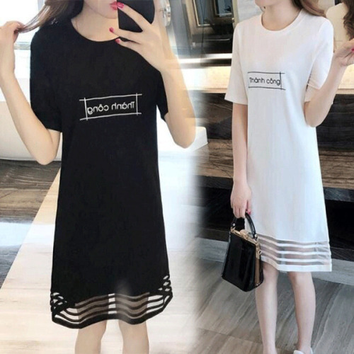 Summer letter printing loose and thin dress women's short sleeve splicing mesh medium length bottoming skirt trend