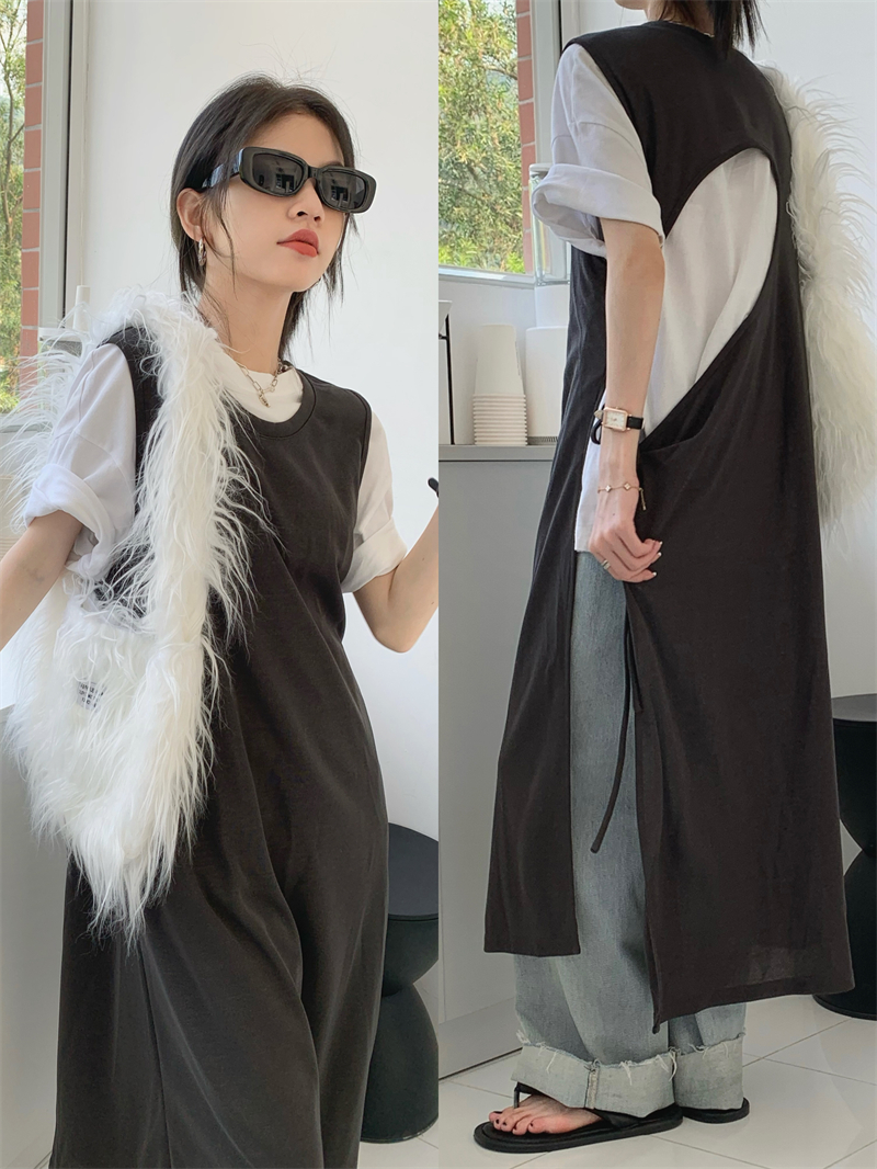 Real shooting real price Korean style personality hollowed-out folded tie straight tube slimming ins French sleeveless dress