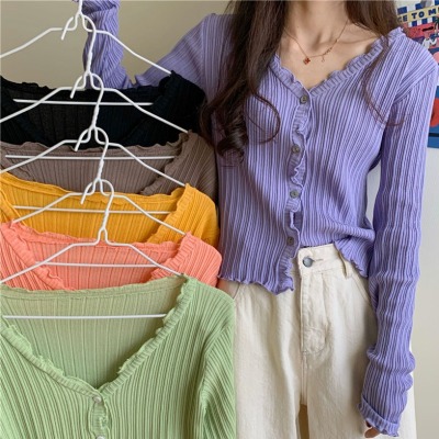 New Korean Short BM thin top long sleeve t-shirt female purple V-neck slim sunscreen cardigan