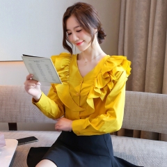 Real shot autumn new fashion button V-neck Ruffle shirt women's solid color versatile Chiffon Top Fashion