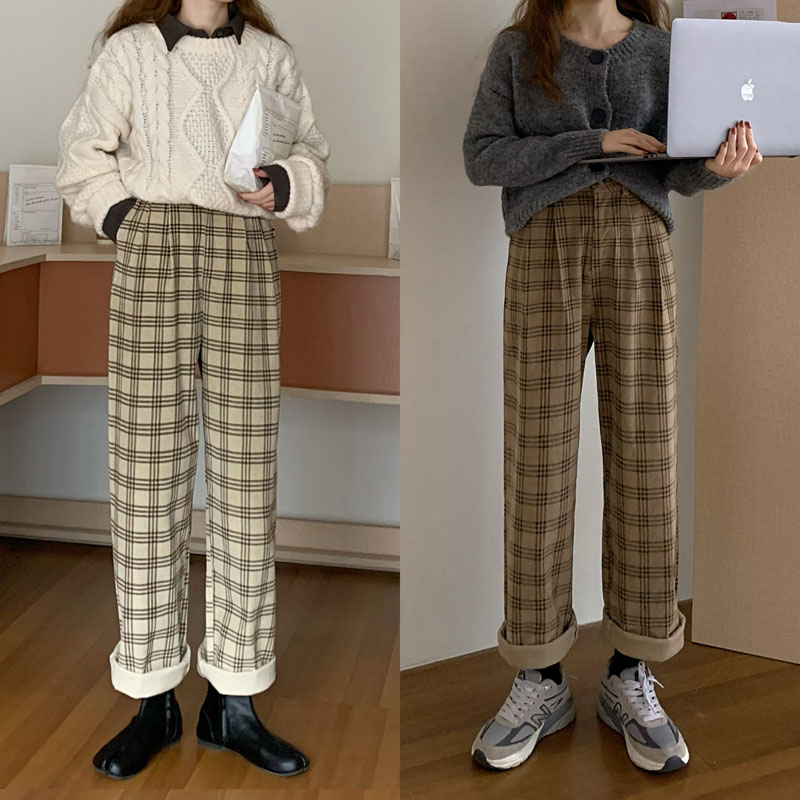 Real price real shooting Korean version loose and thin corduroy Plaid wide leg pants retro pants