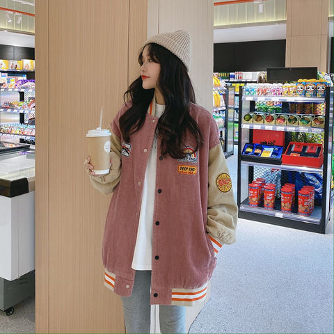 Corduroy jacket female 2022 autumn new baseball uniform Korean version of the retro Harajuku BF jacket Japanese trend couple wear