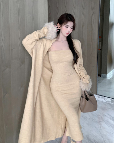 Real price real shot Dublin late autumn temperament suit tube top dress furry sleeve mid-length coat