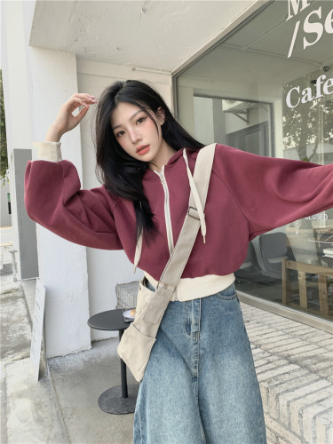 Real Price Early Autumn Short Drawstring Hooded Sweater Women's Loose Lazy Korean Style Pullover Jacket