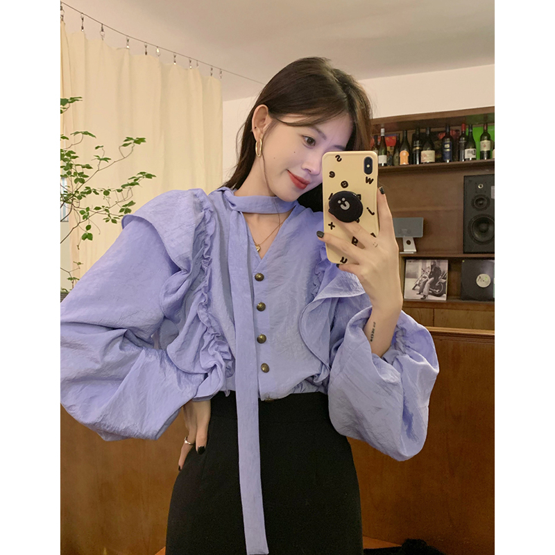French niche lantern sleeve shirt women's autumn 2022 new design sense lace chic long-sleeved top
