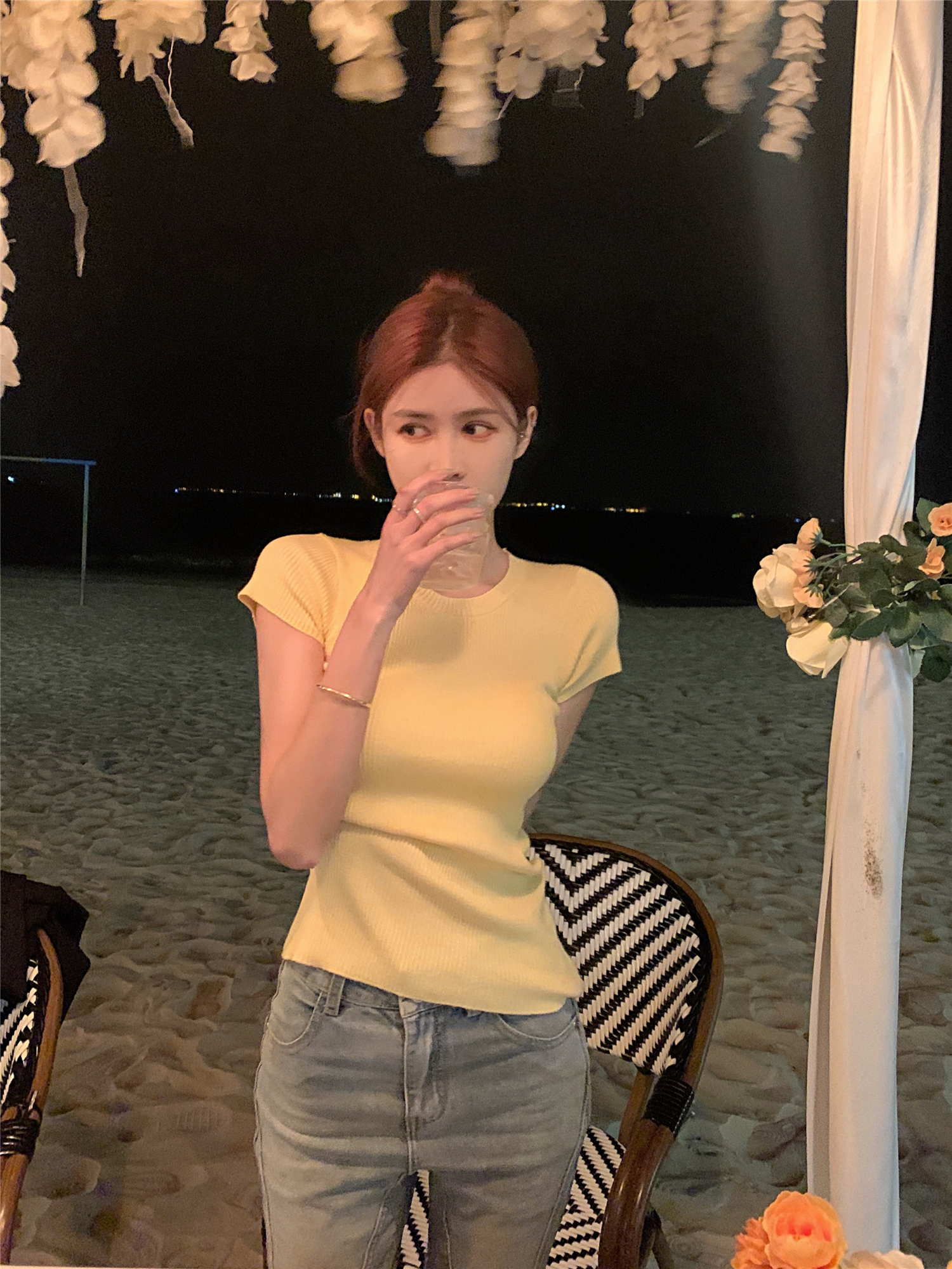 Real shot real price Kencha Na_Knit T-shirt women's summer slim fit and thin round neck pit strip short-sleeved bottoming top