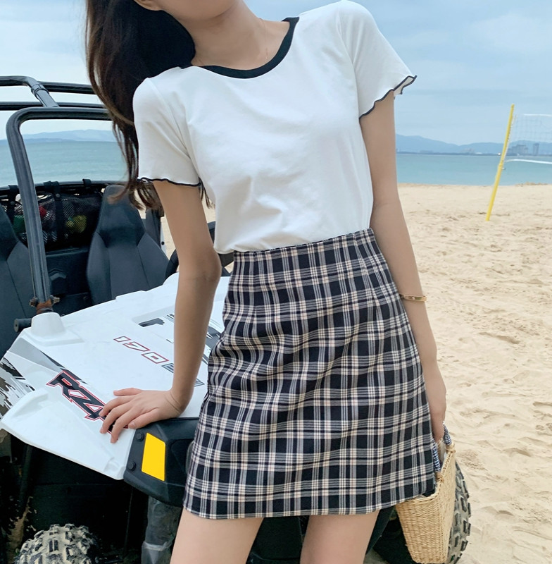 Real photo real price summer Korean Purple Plaid buttock skirt A-line skirt college all-around skirt women