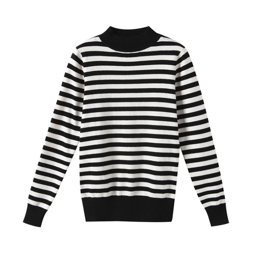 Striped bottomed shirt women's autumn and winter Korean version loose and versatile long sleeve Pullover semi high neck knitted sweater women
