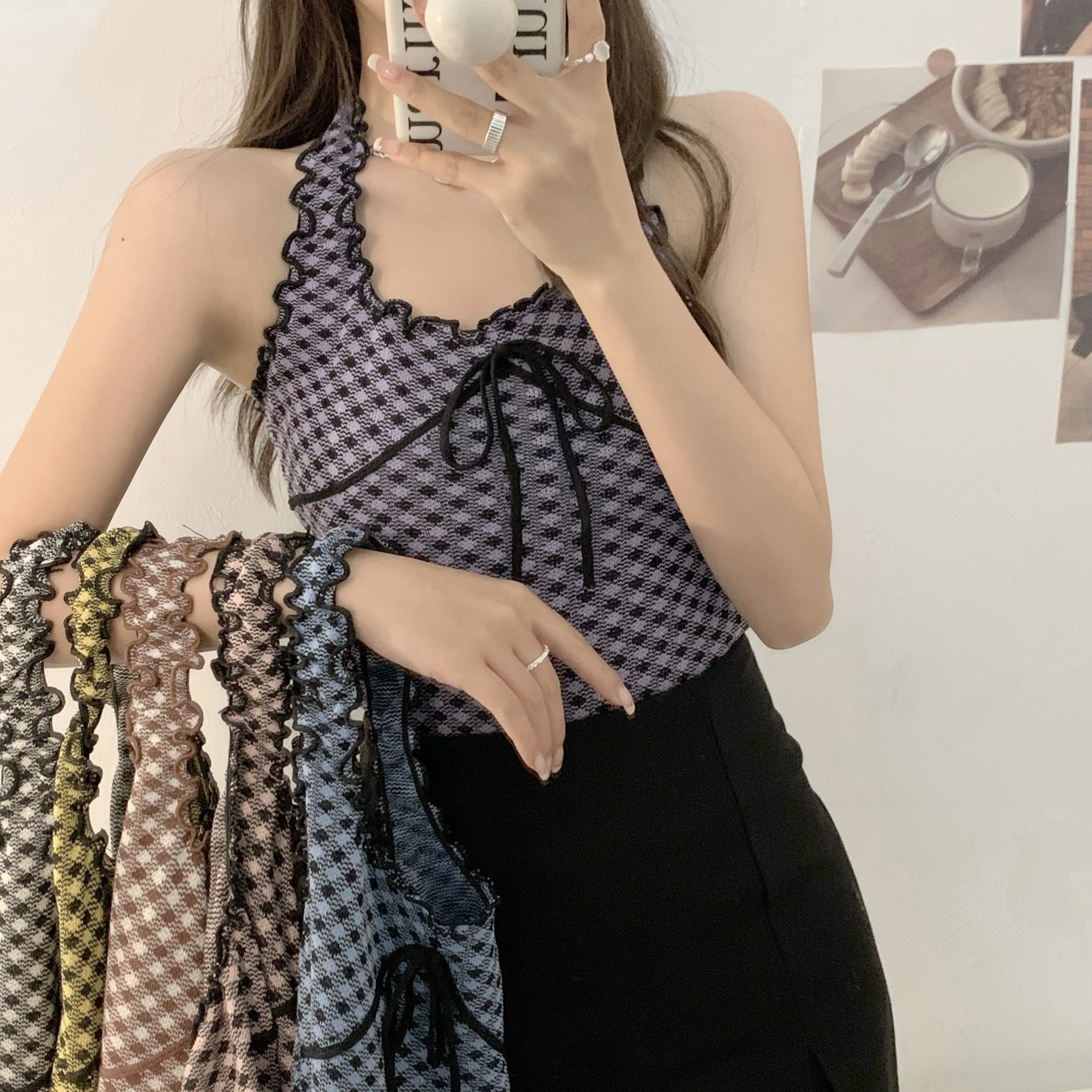 Real auction real price French retro wood ear edge slim fit lattice short Spice Girl neck strap tank top
