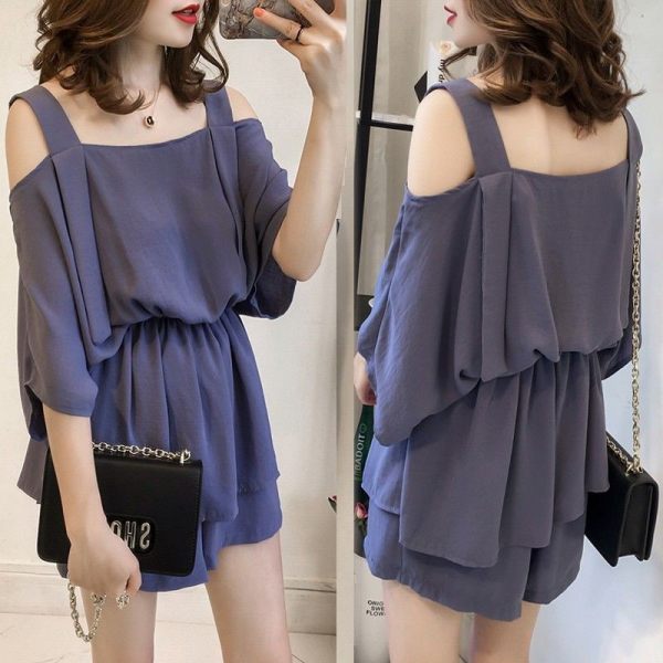 Summer plus fat plus plus women's wear show thin shoulder strap top two piece Chiffon loose shorts suit