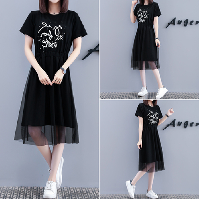 Large size fat summer hip covering skirt shows thin medium length mesh dress western style age reducing printing T-shirt skirt female