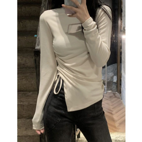 Bottom shirt women's loose half-high collar autumn and winter plus velvet irregular drawstring warm top long-sleeved T-shirt