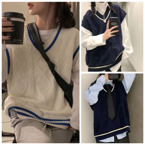 Korean version of the college style V-neck twist color-blocked sweater vest for female students Korean version of the loose and thin knitted vest top