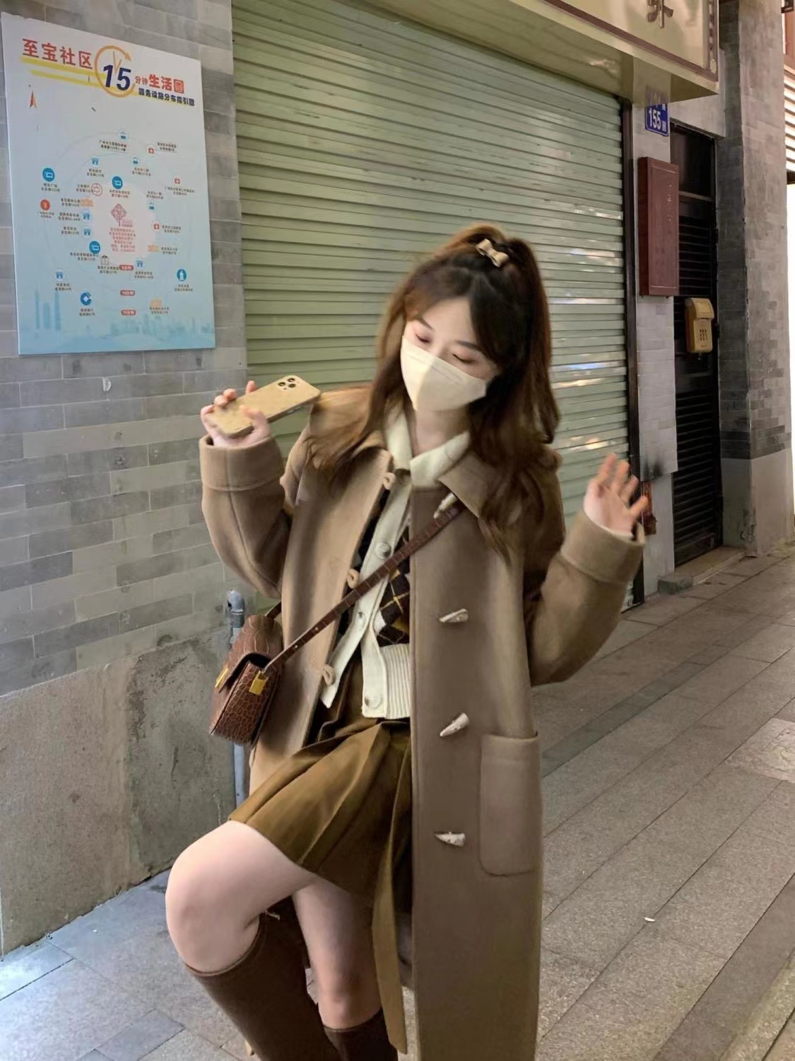Horn button Japanese woolen coat autumn and winter new woolen coat small thickened mid-length