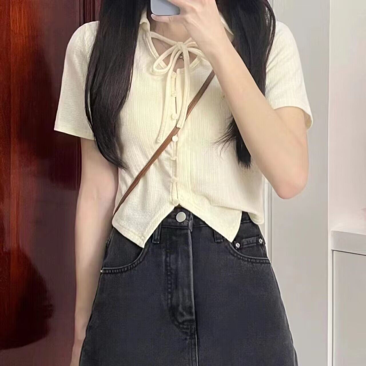 Polo shirt short-sleeved women's cardigan button French niche hot girl slim short top