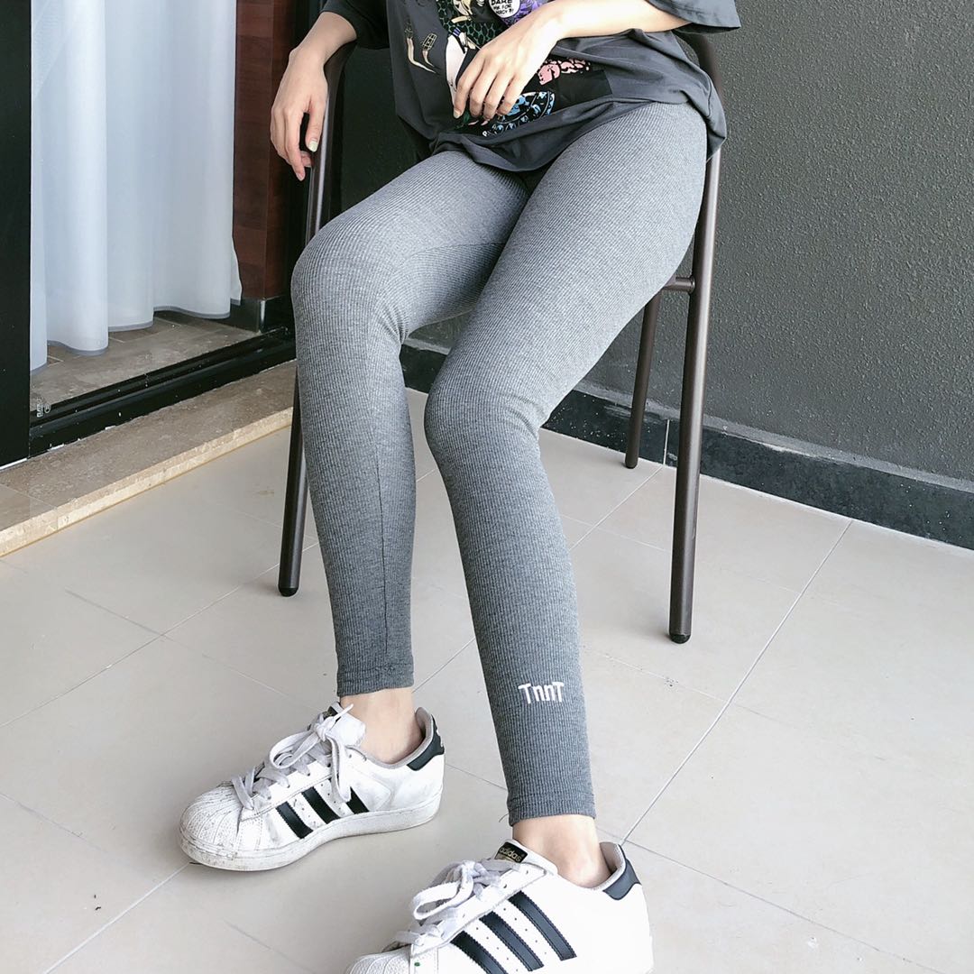 Real shot spring and autumn thread grey Leggings 9-point women's thin pants with vertical stripes and tight net