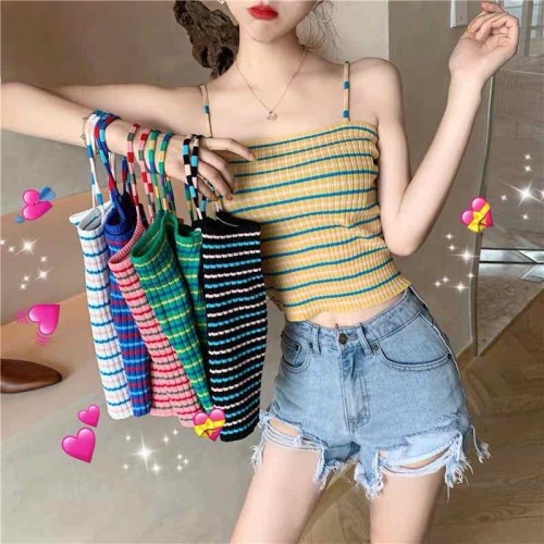 Elegant style, fashion, color matching, small suspender vest, Korean version, short fit, western style stripe bottoming shirt, new summer style